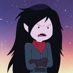 a cartoon character with long black hair and an angry look on his face, standing in front of the night sky