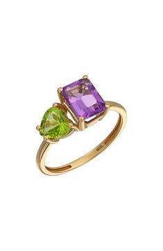 A heart-shaped peridot and emerald-cut amethyst sparkle side by side on this colorful ring handcrafted from 14-karat gold. 1/2"W x 5/8"L setting Total amethyst weight: 0.90ct. Total peridot weight: 0.75ct. 14k gold/amethyst/peridot Made in Spain Amethyst And Peridot Ring, Emerald And Amethyst Ring, Peridot Ring Engagement, Amethyst And Peridot, Colorful Ring, Peridot Engagement Rings, Future Engagement Rings, Bony Levy, Peridot Jewelry