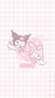 an image of two cartoon characters on a pink and white checkered background with the words happy