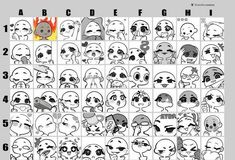 an image of cartoon faces with different expressions and numbers on them, all in black and white