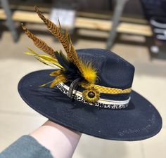 Hand burned "follow your dreams", black and yellow with sunflower and cheetah print details, size is adjustable. Follow Your Dreams, Hat Collection, Wedding Hats, Black And Yellow, Custom Hats, Wide Brimmed, Cheetah Print, Yellow Black, Black N Yellow