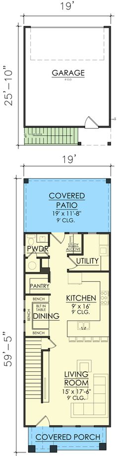 the floor plan for a two story house with an attached garage and living room area