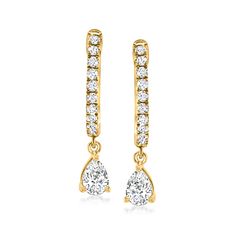 Ross-Simons - .47 ct. t. w. Diamond Hoop Drop Earrings in 14kt Yellow Gold. 3/4". These pretty .18 ct. t. w. round brilliant-cut diamond hoop earrings have the ability to cast a sense of feminine flair over your entire ensemble, thanks to the touch of movement brought by their .29 ct. t. w. pear-shaped diamond drops. Set in polished 14kt yellow gold. Hanging length is 3/4". Hinged post, diamond hoop drop earrings. Diamond birthstones are the perfect gift for April birthdays. Drop Earrings Diamond, Hoop Drop Earrings, Diamond Birthstone, Earrings Diamond, Bezel Set Diamond, Natural Gold, Diamond Hoop Earrings, Pear Shaped Diamond, Diamond Drops