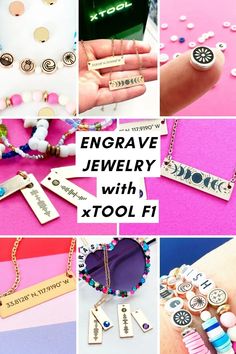 the collage shows different types of jewelry with words and numbers on them, including name tags