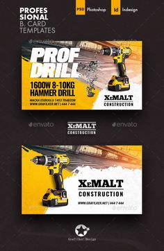 two business cards with different tools on the front and back, one is for construction