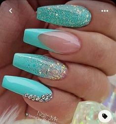 Teal Acrylic Nails, Turquoise Nail Designs, Tiffany Blue Nails, Teal Nail Designs, Aqua Nails, Teal Nails, Summer Acrylic Nails