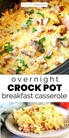 this overnight crock pot breakfast casserole is loaded with eggs, ham and cheese