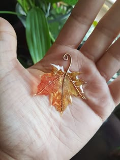 a person holding a leaf shaped brooch in their hand