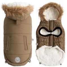 two jackets with hoods and fur lined inside each other, one in brown and the other in white