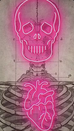 a drawing of a human skeleton with the heart glowing in it's chest and ribs