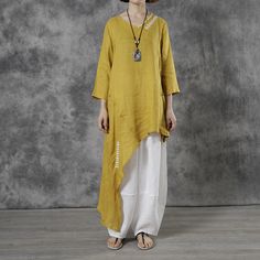 Asymmetrical Linen Tunic Blouse Designer Embroidered Shirt in White Yellow One Size - Morimiss.com Tunik Linen, Shop Street, Comfortable Blouses, Kurta Patterns, Blouse Designer, Tunic Designs, Boho Dresses Long, Maxi Outfits, Boho Tunic Tops