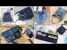 four pictures showing different types of purses and wallets, including one for women