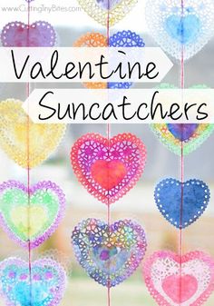 valentine suncatchers hanging from a window with the words, valentine sun catchers