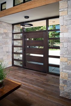 a wooden door with glass panels on the front and side of a house, next to a plant in a pot