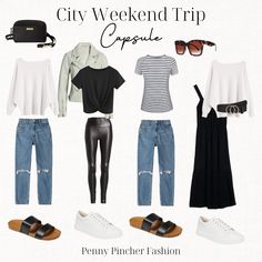 four different types of clothes and shoes with text that reads city weekend trip capsule