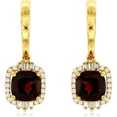 Royal 14K Yellow Gold Cushion Cut Garnet & Diamond Earrings - 3.30 Carat Garnet, 0.29 Carat Diamond Total Weight Luxury Cushion Cut Gemstone Earrings, Formal Gold Cluster Earrings With Gemstone, Gold Gemstone Cluster Earrings For Formal Occasions, Formal Yellow Gold Hoop Earrings With Gemstones, Formal Yellow Gold Gemstone Hoop Earrings, Elegant Gemstone Hoop Earrings For Formal Occasions, Yellow Gold Dangle Cluster Earrings For Formal Events, Formal Yellow Gold Dangle Cluster Earrings, Formal Dangle Hoop Earrings With Gemstones