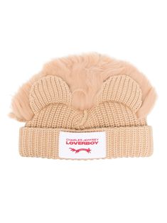 sand beige cotton chunky ribbed knit faux-fur trim pop-up animal ears logo tag turn-up brim unlined Charles Jeffrey Hat, Loverboy Cat Beanie, Loverboy Bunny Beanie, Charles Jeffrey Loverboy Beanie, Fur Hat Men, Designer Beanies, Luxury Fur Hat, Xoxo Jewelry, Cotton Beanie