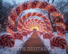 an outdoor christmas display with candy canes and lights