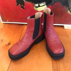 Euc Marni Red Leather Platform Chelsea Boots Square Toe Lightweight Rubber Platform Sole Eu Size 40 / Us Size 8.5/9 These Are Sooo Fab But A Little Too Big For Me! Similar To Camper, Doc Martens, Vagabond, Intentionally Blank Platform Boots Marni Shoes, Intentionally Blank, Platform Chelsea Boots, Boots Square Toe, Doc Martens, Platform Boots, Red Leather, Chelsea Boots, Chelsea