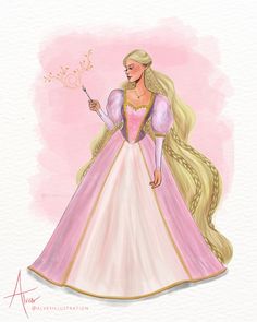 a drawing of a princess with long blonde hair wearing a pink dress and holding a wand