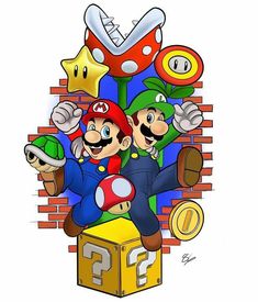 an image of mario and luigi in front of a brick wall with other super mario characters