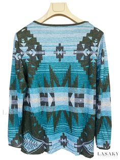 Lasaky - Womens Vintage Crew Neck Long Sleeve Sweater with Aztec Print Knit - Stylish and Cozy Clothing Multicolor Soft Knit Crew Neck Tops, Casual Green Jacquard Knit Tops, Cozy Multicolor Long Sleeve Tops, Bohemian Soft Knit Tops For Fall, Casual Long Sleeve Jacquard Knit Cardigan, Blue Jacquard Knit Tops, Cozy Multicolor Knit Tops, Green Soft Knit Long Sleeve Top, Green Long Sleeve Soft Knit Top