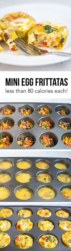 mini egg frittatas in muffin tins with text overlay that reads mini egg frittatas less than 8 calories each