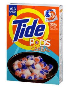 tide pods cereal in a bowl on a white background