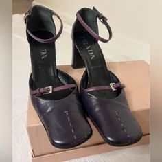 It’s Giving 90s!! Super Rare Vintage Authentic Prada Heels In A Beautiful Dark Purple/Eggplant Color In Great Condition. Soft Genuine Leather- Made In Italy. Labeled A 35, But Runs Large So Will Fit 36/36.5 (6/6.5) Best. For Reference, I’m A 37 And Have Them On In The Last Photo- They’re Just A Bit Too Tight For Me. Note: These Are Preloved Vintage Heels; Plz Reference Photos For Any Flaws. Box Not Included. Eggplant Color, Vintage Heels, Eggplant Purple, Square Toe Heels, Prada Shoes, Dark Purple, Shoes Women Heels, Prada, Shoes Heels