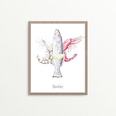 a watercolor painting of a fish and lobsters on a white background, framed in wood frame