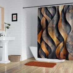 an abstract shower curtain in a bathroom with wood flooring