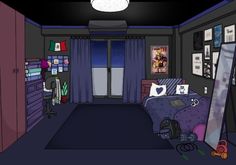 a cartoon bedroom with purple walls and blue carpeted flooring is shown in this image