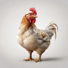 a white and brown chicken with a red comb on its head standing in front of a gray background