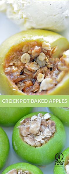 some green apples with nuts in them and the words crockpot baked apples