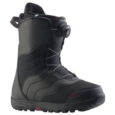 the snowboard boot is black and has red accents on the bottom part of it