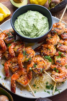 grilled shrimp skewers with guacamole dip