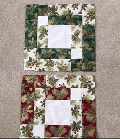 two quilted squares with holly and pine cones on them, one is green and the other is red