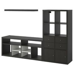 an entertainment center with shelving unit and shelves on each side, in dark wood