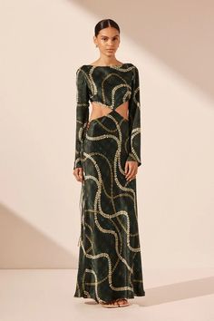 Noa Silk Long Sleeve Lace Up Maxi Dress | Rosemary/Multi | Dresses | Shona Joy – Shona Joy International Black Tie Dress, Shona Joy, Celebrate Life, Multi Dress, Maxi Dress Online, Midi Maxi Dress, Long Sleeve Lace, Flared Sleeves, Skirt Top