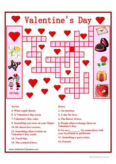 valentine's day crossword puzzle game with hearts and other things to play on it