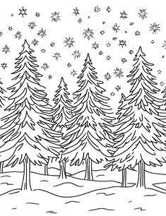 a black and white drawing of trees with snowflakes in the sky above them