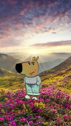 a cartoon dog standing on top of a lush green field filled with purple wildflowers