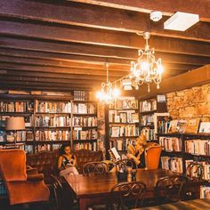 two women sitting at a table in a library with bookshelves full of books