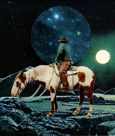 a man riding on the back of a white horse under a sky full of stars