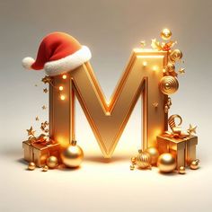 the letter m with a santa hat on top of it is surrounded by christmas decorations