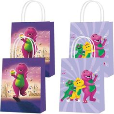 three small gift bags with the characters of peppa pig and friends in purples