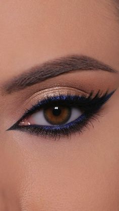 Makeup For Blue And Gold Dress, Marine Corps Ball Makeup, Makeup For Blue Dress And Brown Eyes, Eyeshadow To Go With Blue Dress, Prom Makeup Looks For Blue Dress Brown Eyes, Makeup Look With Navy Blue Dress, Eye Look For Blue Dress, Navy Gold Eye Makeup, Blue Eyeliner Looks Brown Eyes