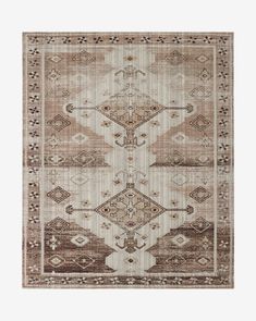 a beige and brown rug with an intricate design on the front, in different colors