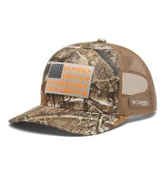 an image of a trucker hat with the american flag and orange lettering on it