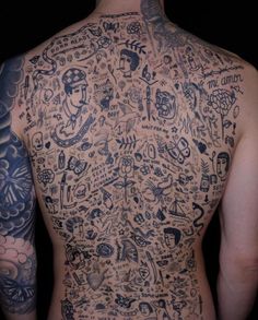 the back of a man with tattoos on his body